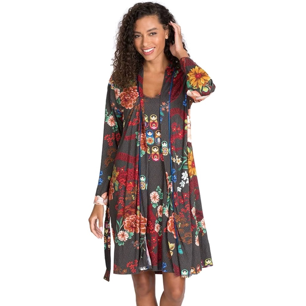 JOHNNY WAS Nushka Sleep Robe & Slip Dress Set Floral Print Women's Size Large